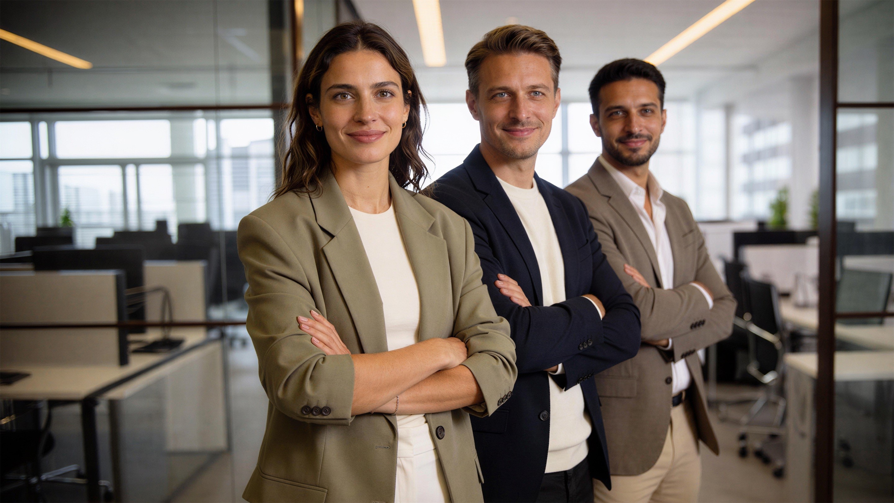 Trois collègues, bras croisés, dans un open space.