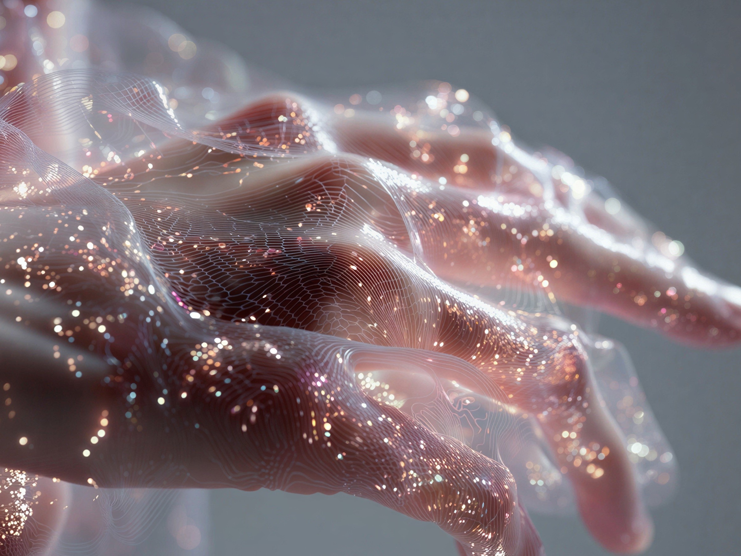 Une main recouverte d'une texture scintillante, semblable à du verre.