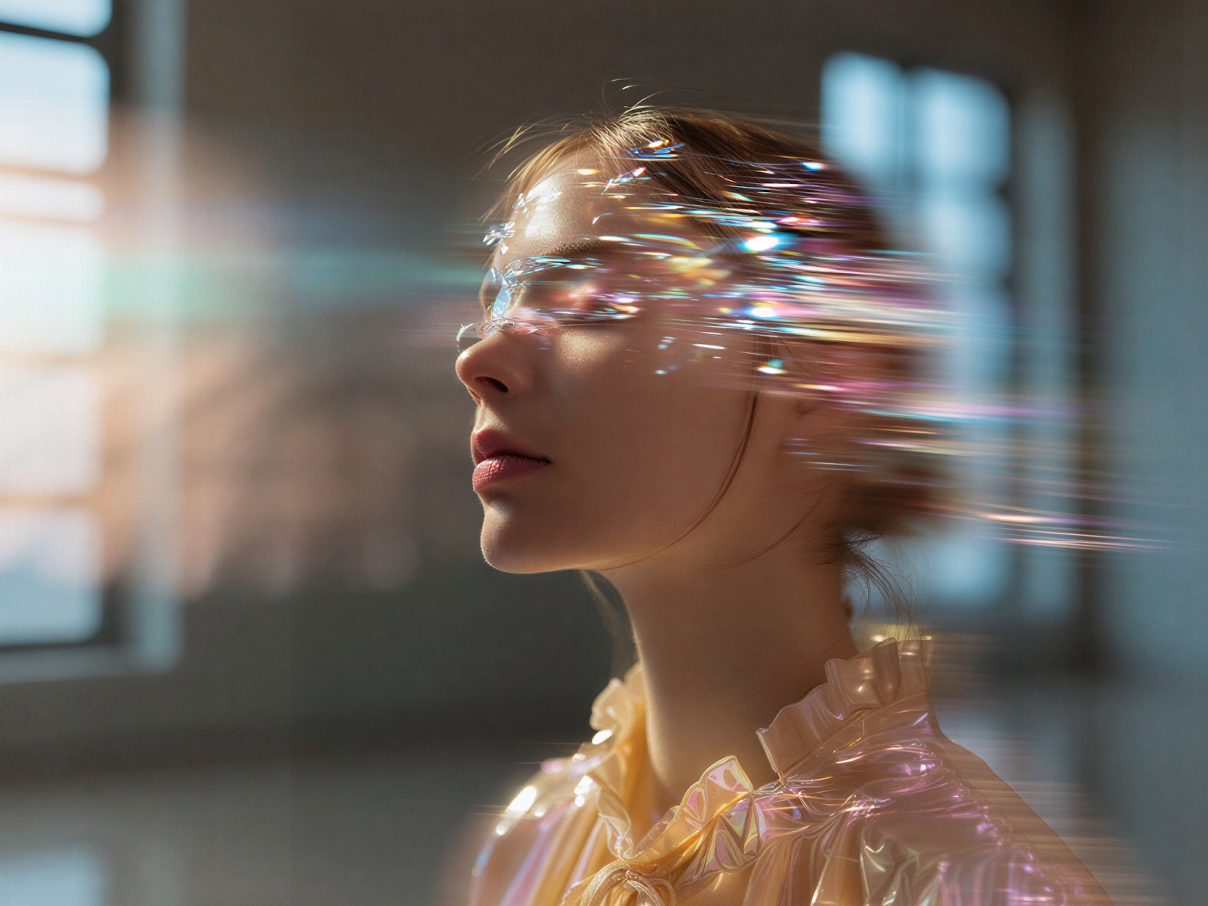 Une femme de profil dont le visage se dissout en traînées de lumière.