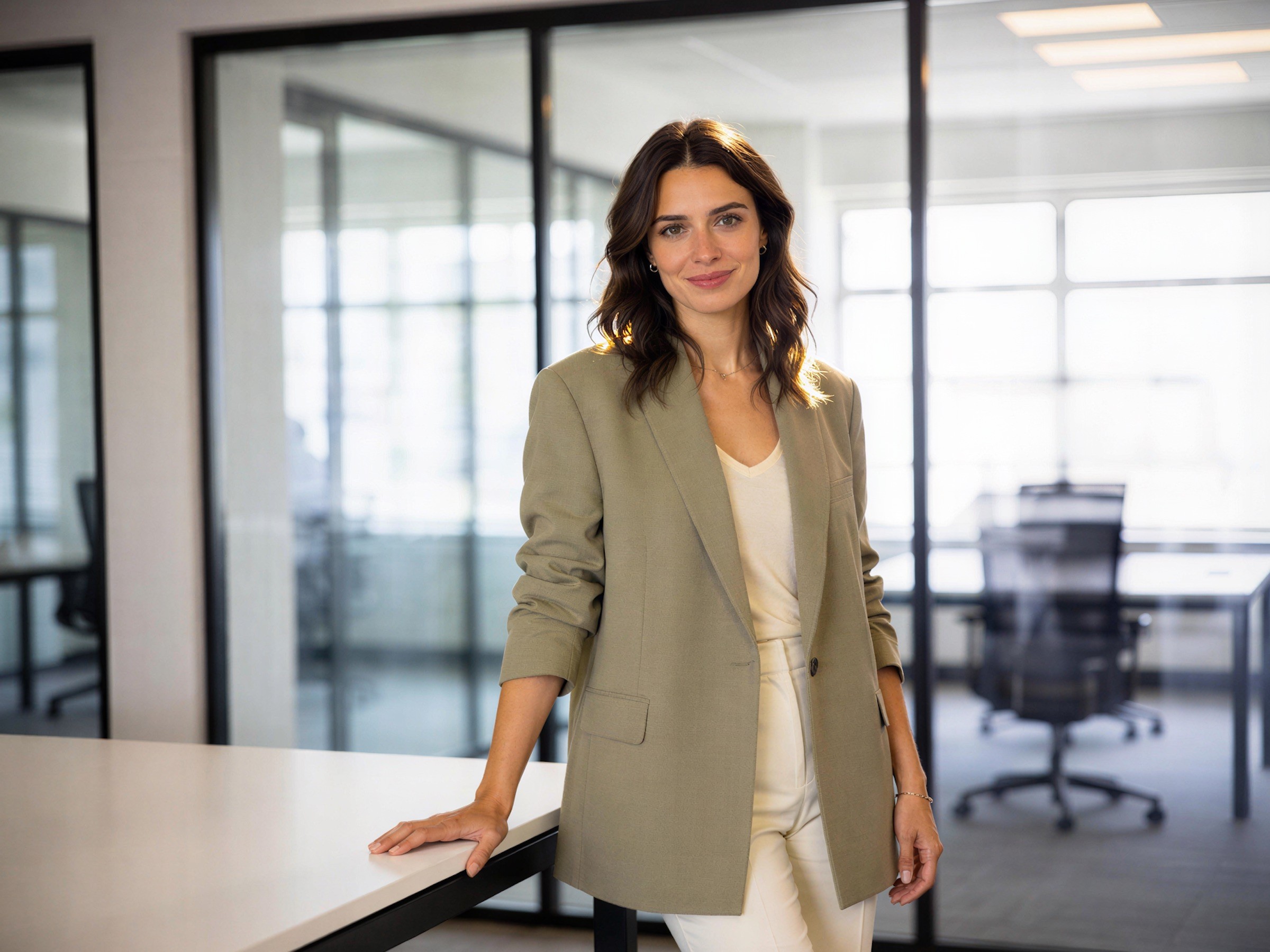 Camille Laurent à un bureau, dans un bureau vitré.