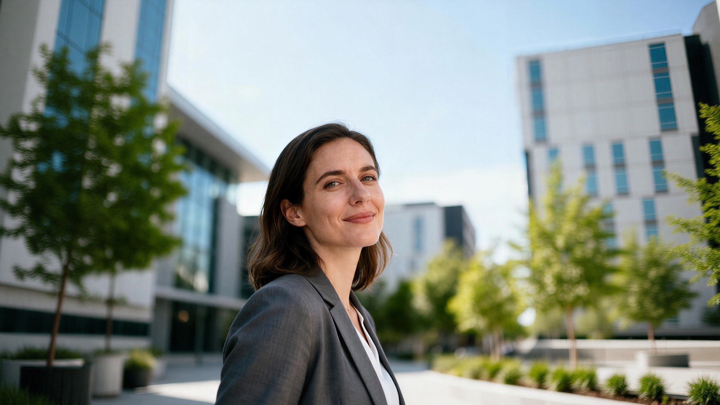 Une femme souriante devant un immeuble de bureaux moderne.