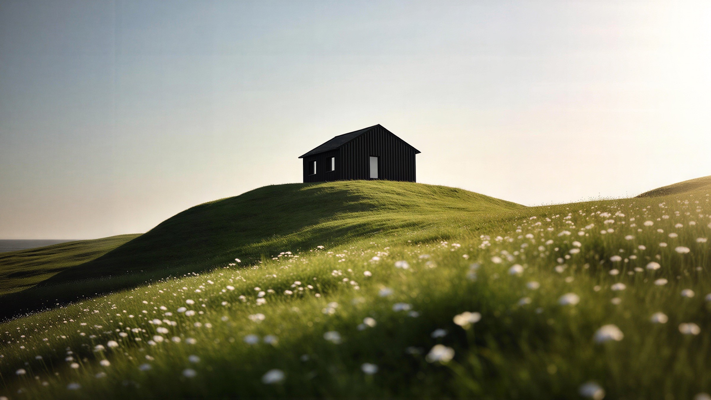 Une petite maison sombre au sommet d'une colline herbeuse, sous un ciel du soir.