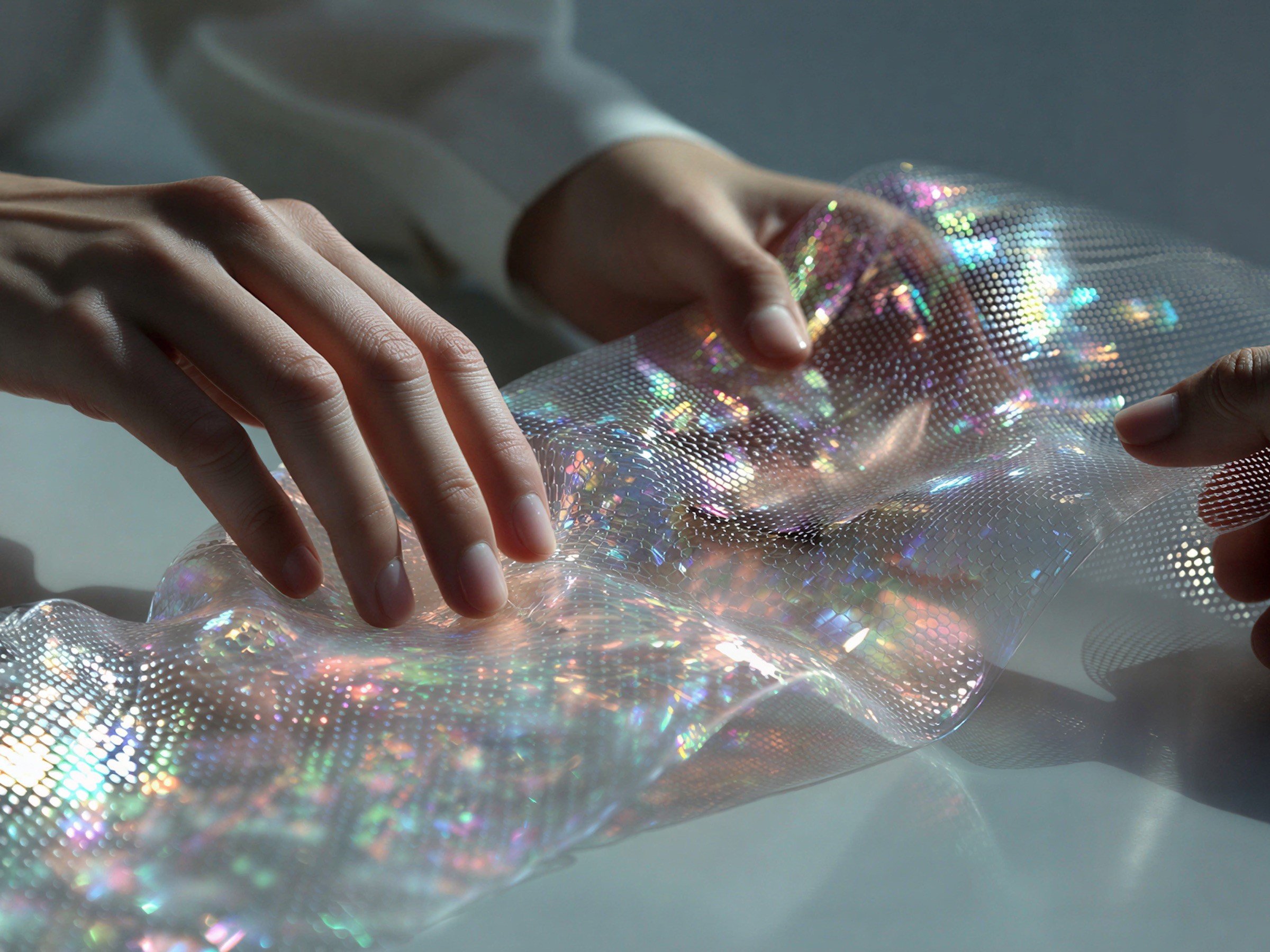 Des mains tiennent une feuille de matière transparente et scintillante.