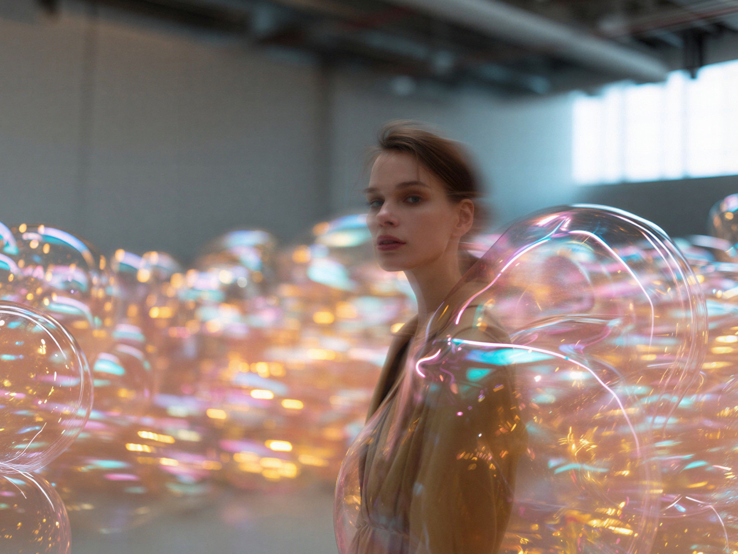 Une femme au milieu de rubans transparents tourbillonnants dans une pièce lumineuse.