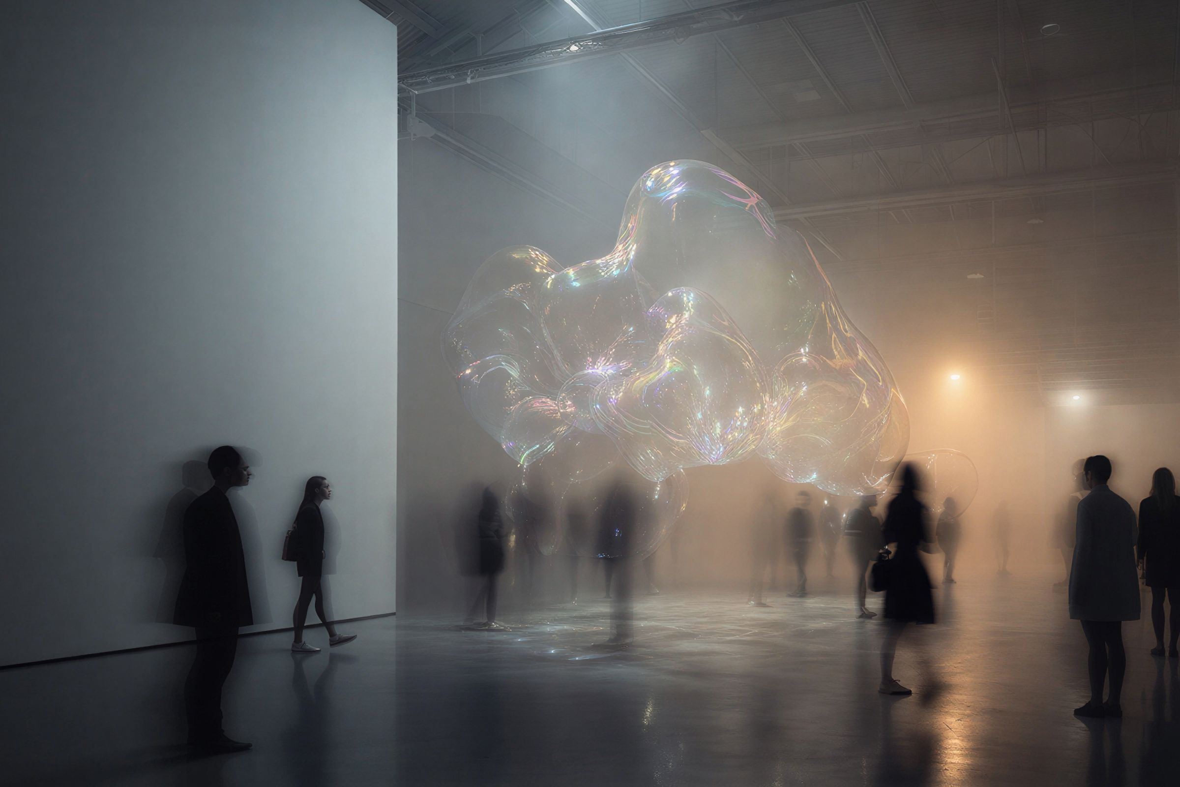 Silhouettes dans un hall brumeux sous une forme translucide en suspension.