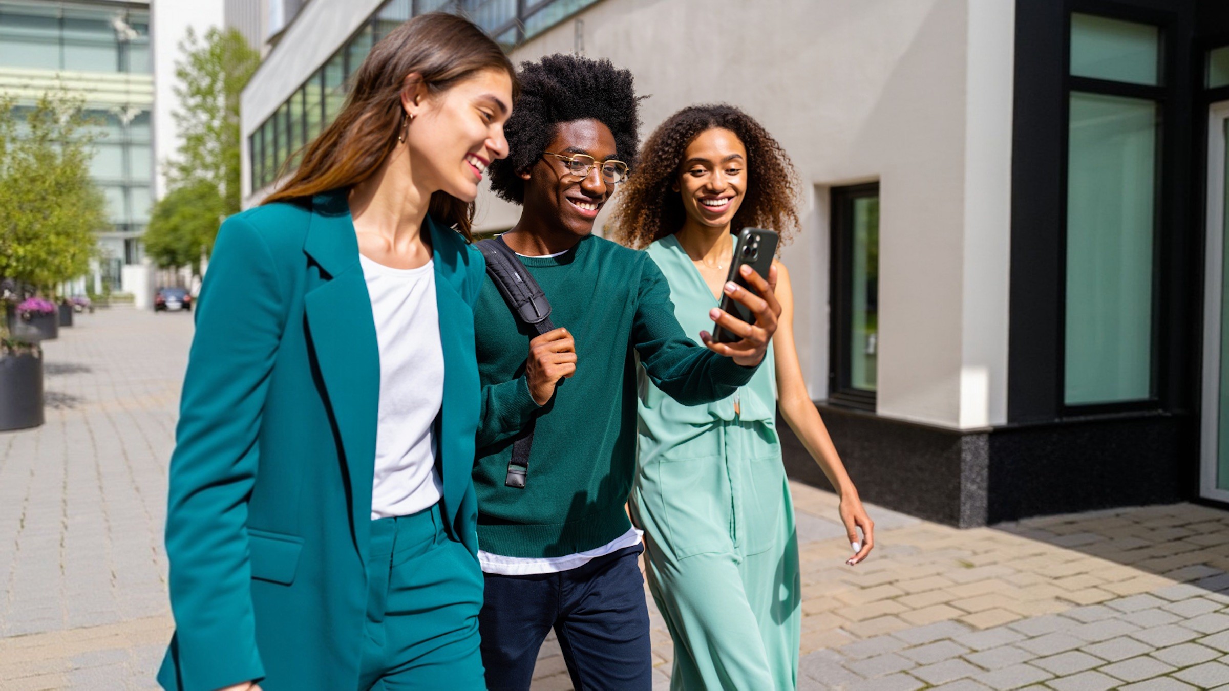 Trois collègues marchent dans une rue, l'un montre un téléphone aux autres.