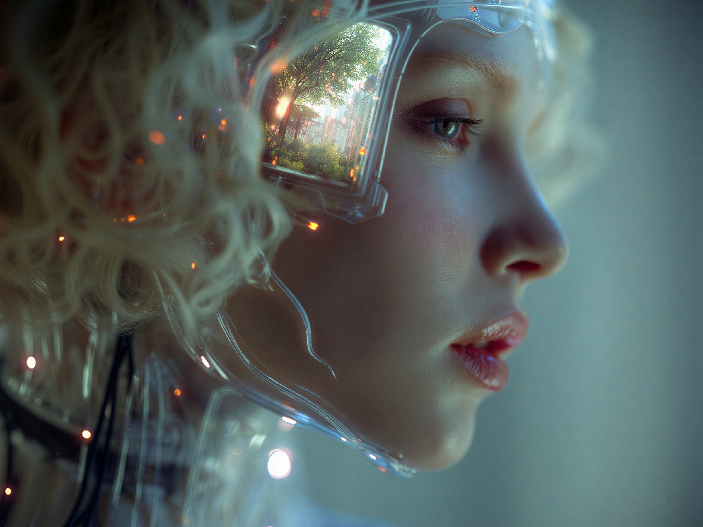 Une femme de profil portant une visière transparente qui reflète un paysage vert.