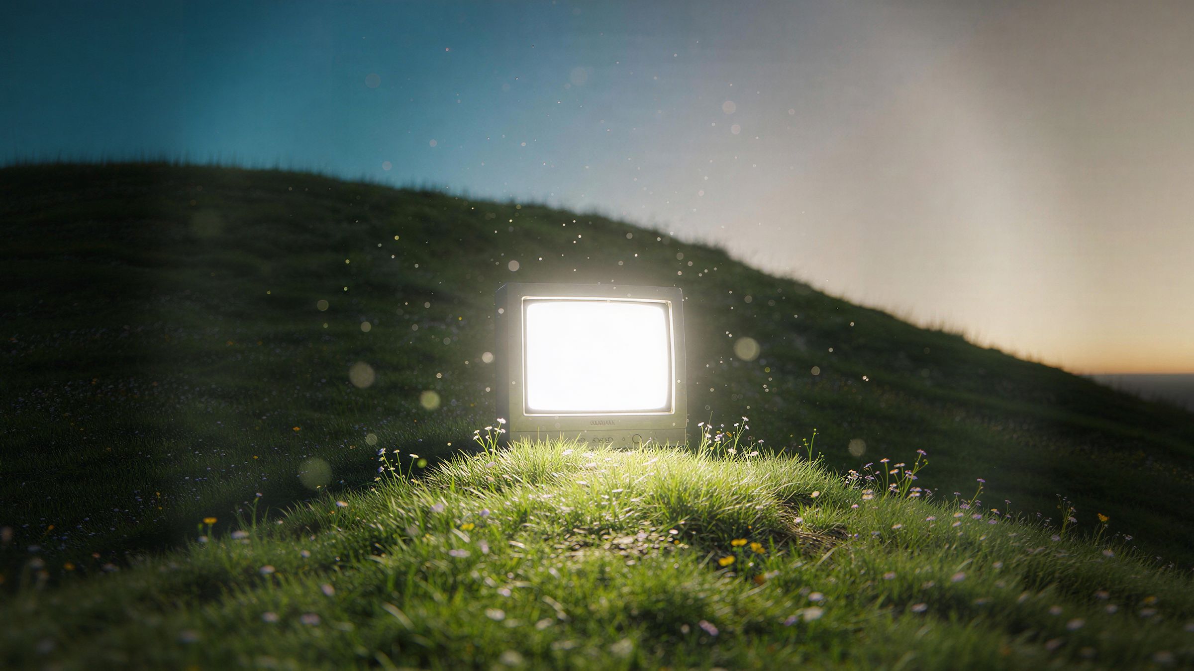 Un vieil écran de télévision lumineux posé sur une colline herbeuse au crépuscule.