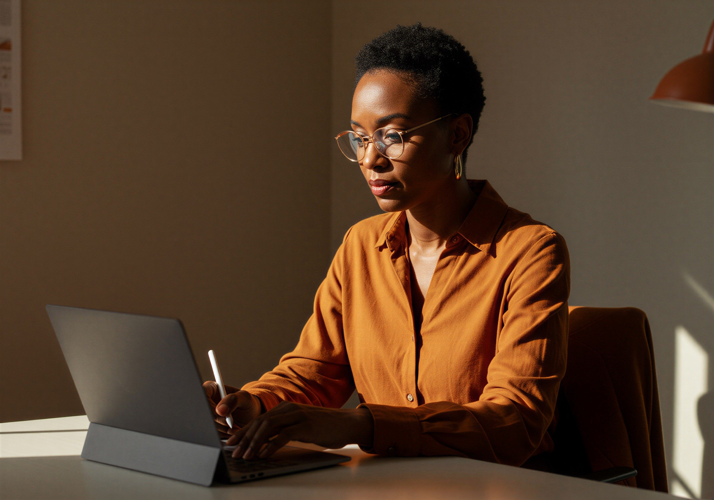 Une femme en chemise orange travaille sur une tablette à un bureau, sous une lumière chaude.