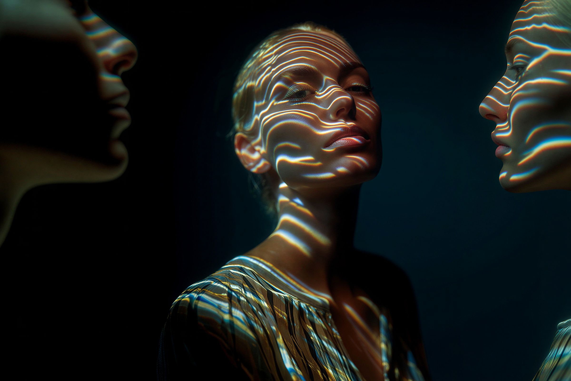 Un visage de femme éclairé par une lumière rayée, entre deux profils en silhouette.