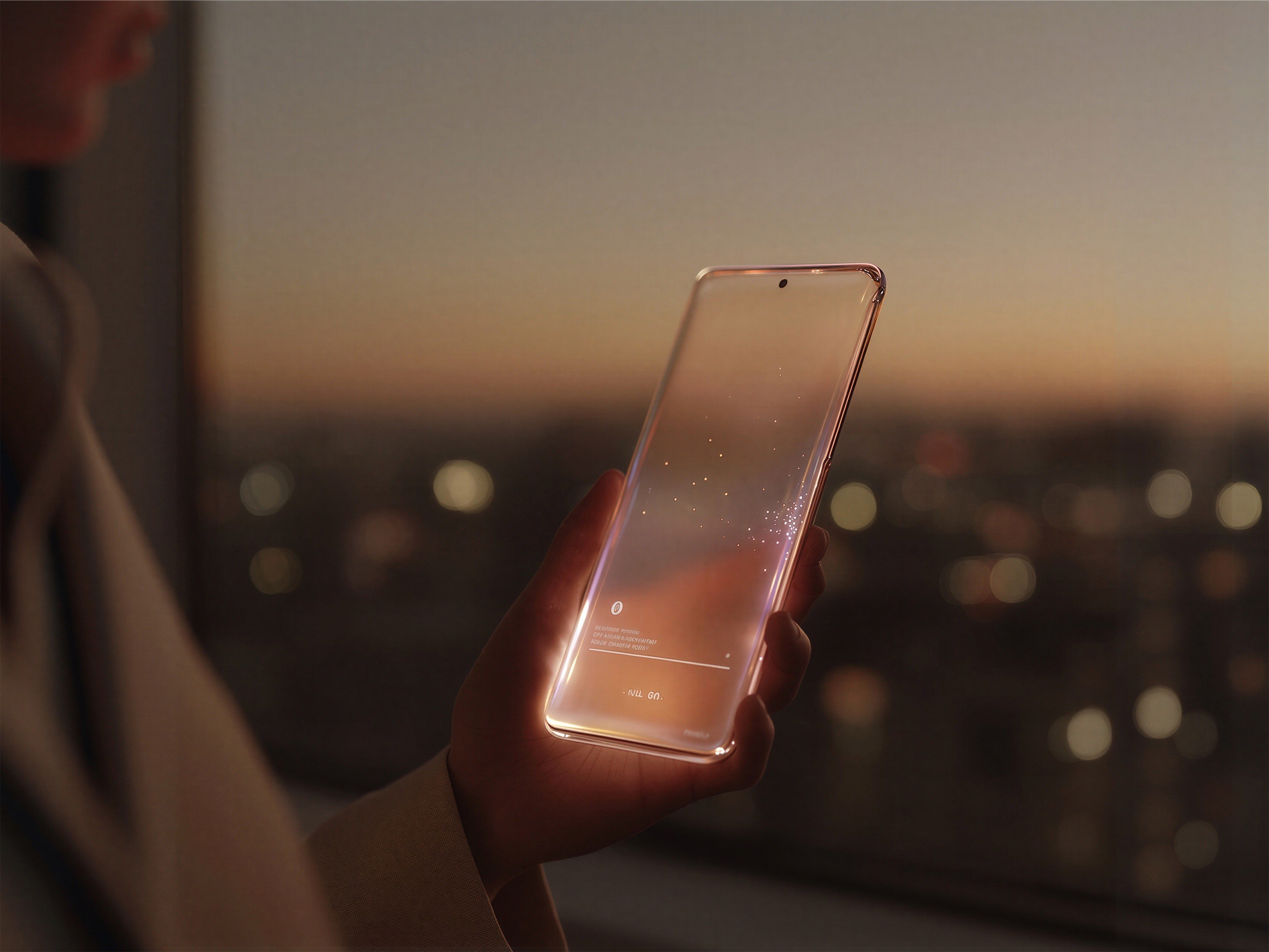 Une main tient un téléphone transparent lumineux devant une ville au crépuscule.